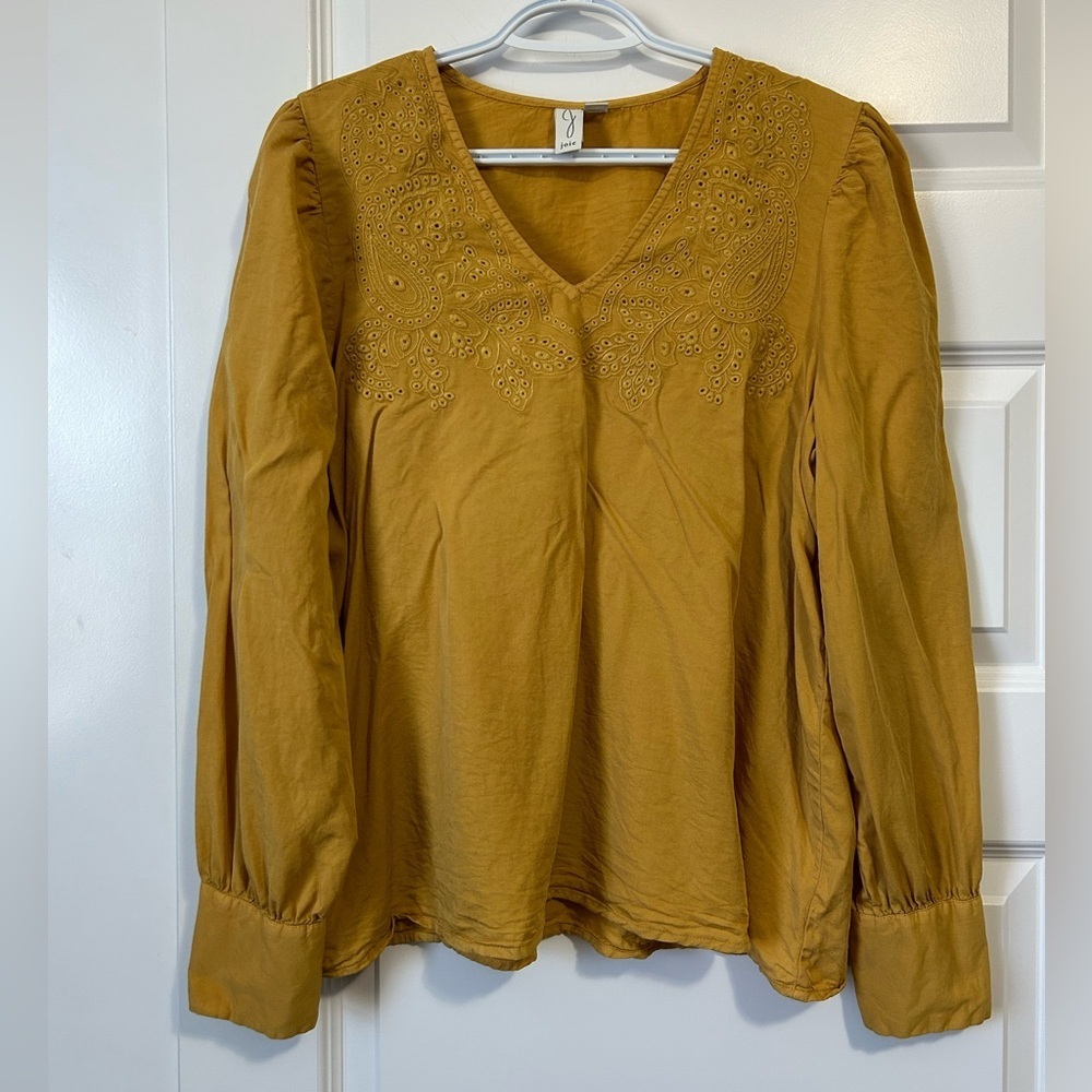 Joie Mustard Embroidered Blouse with Puff Sleeves Button Cuffs
